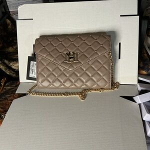 Badgley Mischka Quilted Taupe Crossbody Bag Gold Chain NWT Vegan Leather
